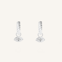 silver hoops inspired by the Louvre's architecture with Marquise cut white cubic zirconias bezel set hoop charms on white background