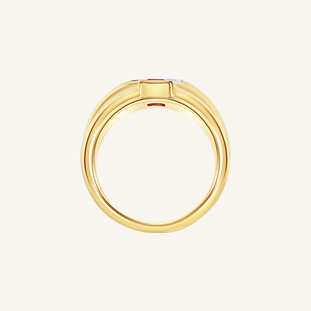 gold ring inspired by the city of love with a deep red square cubic zirconia bezel set on white background side profile