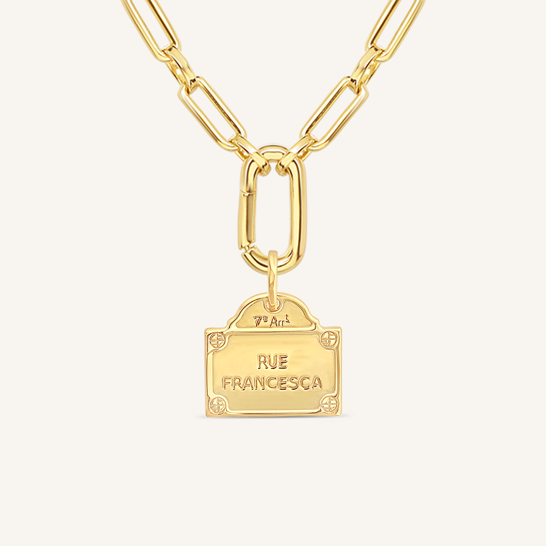 gold charm Inspired by the street signs in Paris on create link chain on white background